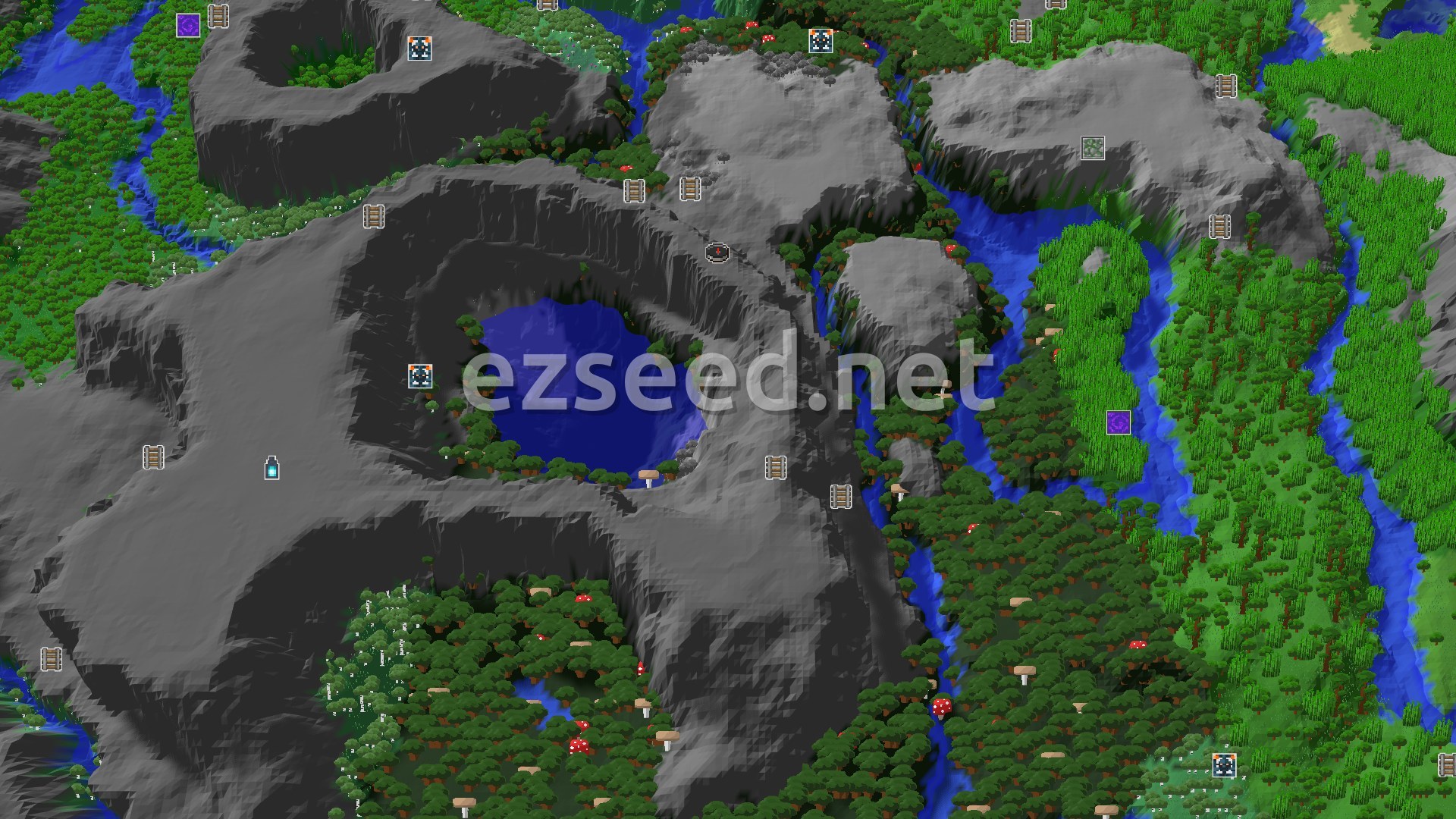 Aerial Minecraft seed map — Pale Garden Spawn with Nearby Ancient City and Jungles