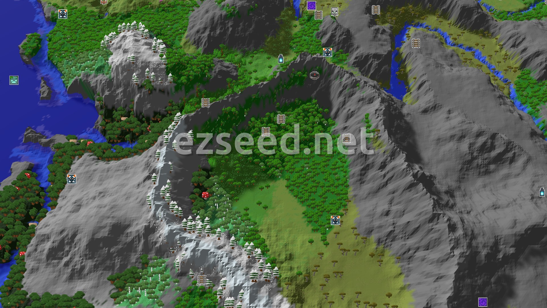 Aerial Minecraft seed map — Spawn in a Forest with a Nearby Ancient City and Mountains