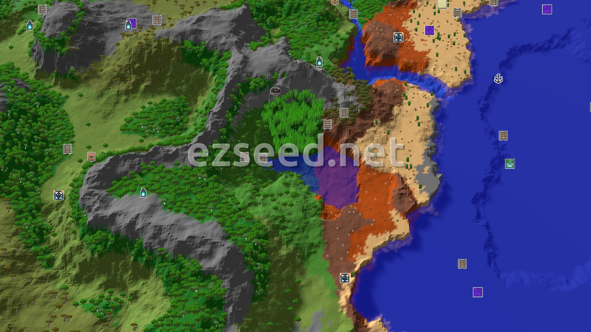 Aerial Minecraft seed map — Bamboo Jungle Spawn with Nearby Ancient City and Stony Peaks