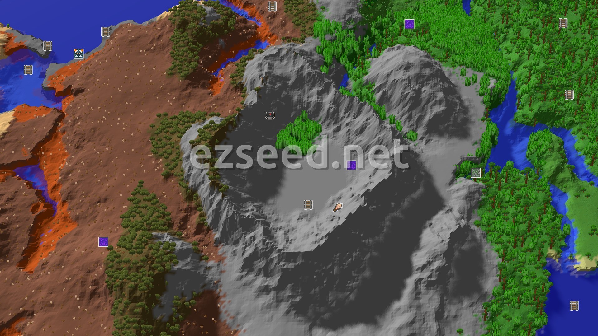 Aerial Minecraft seed map — A Jungle Spawn with Close Badlands and Mountains