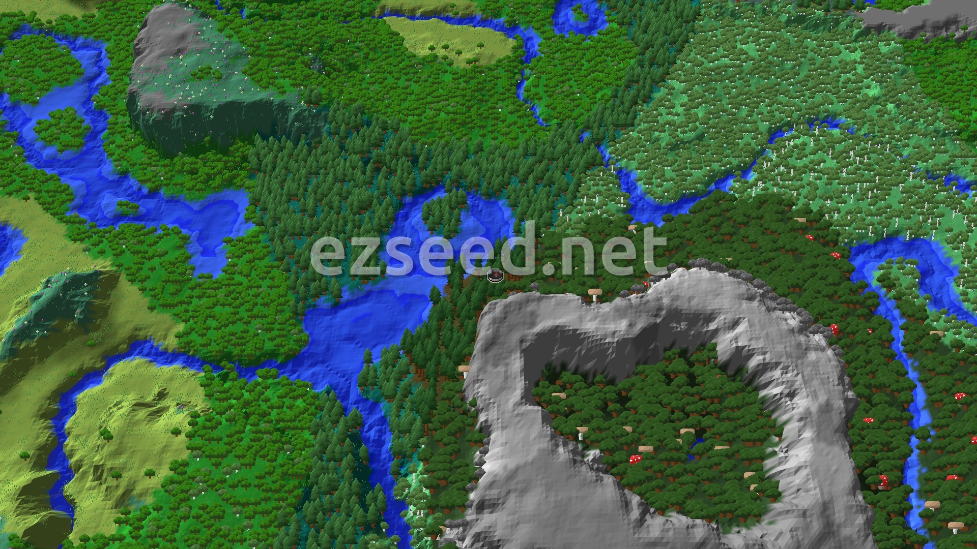 Aerial Minecraft seed map — Woodland Mansion Close to Taiga Spawn