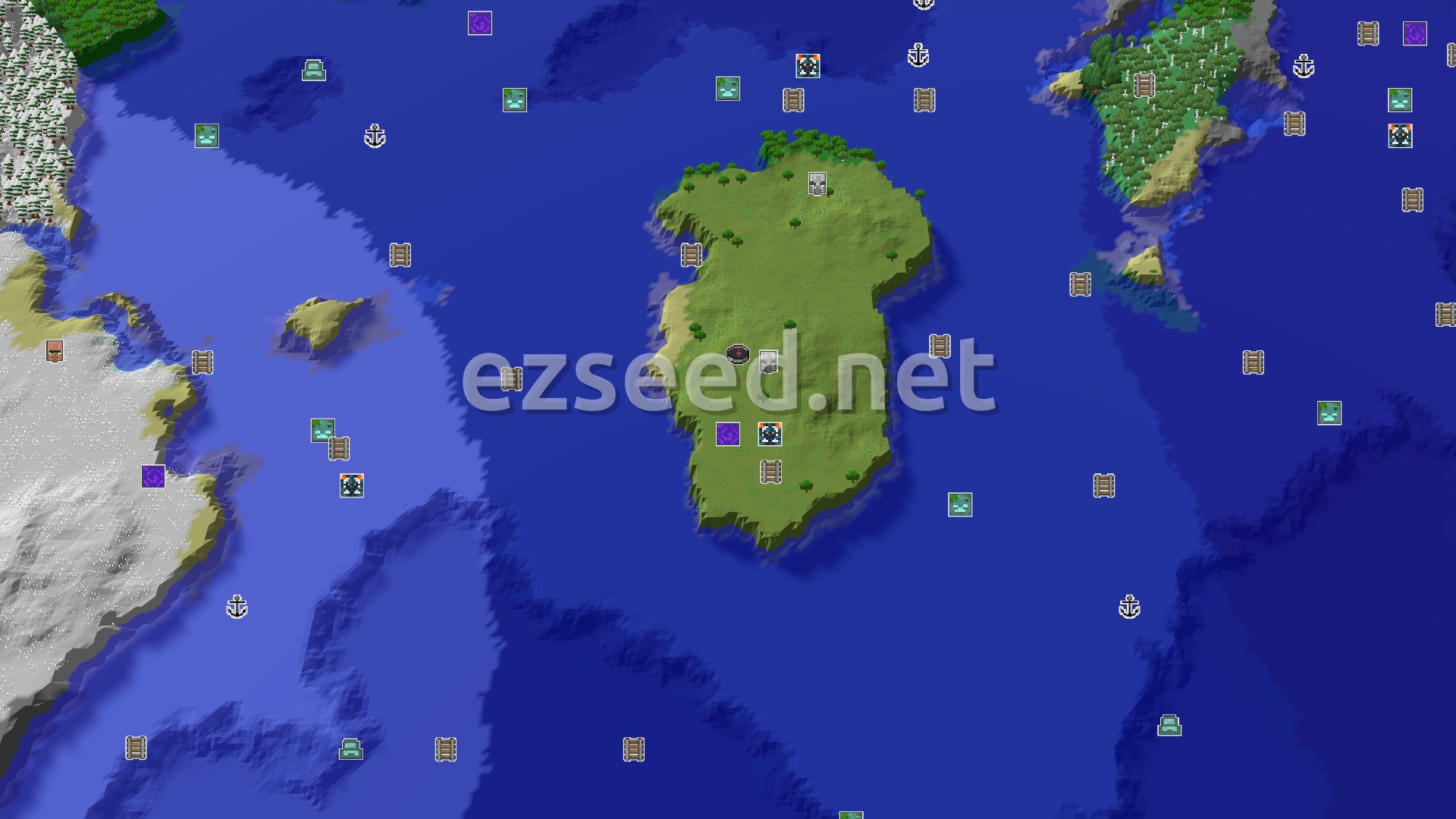 Aerial Minecraft seed map — An Island Start with a Nearby Pillager Outpost