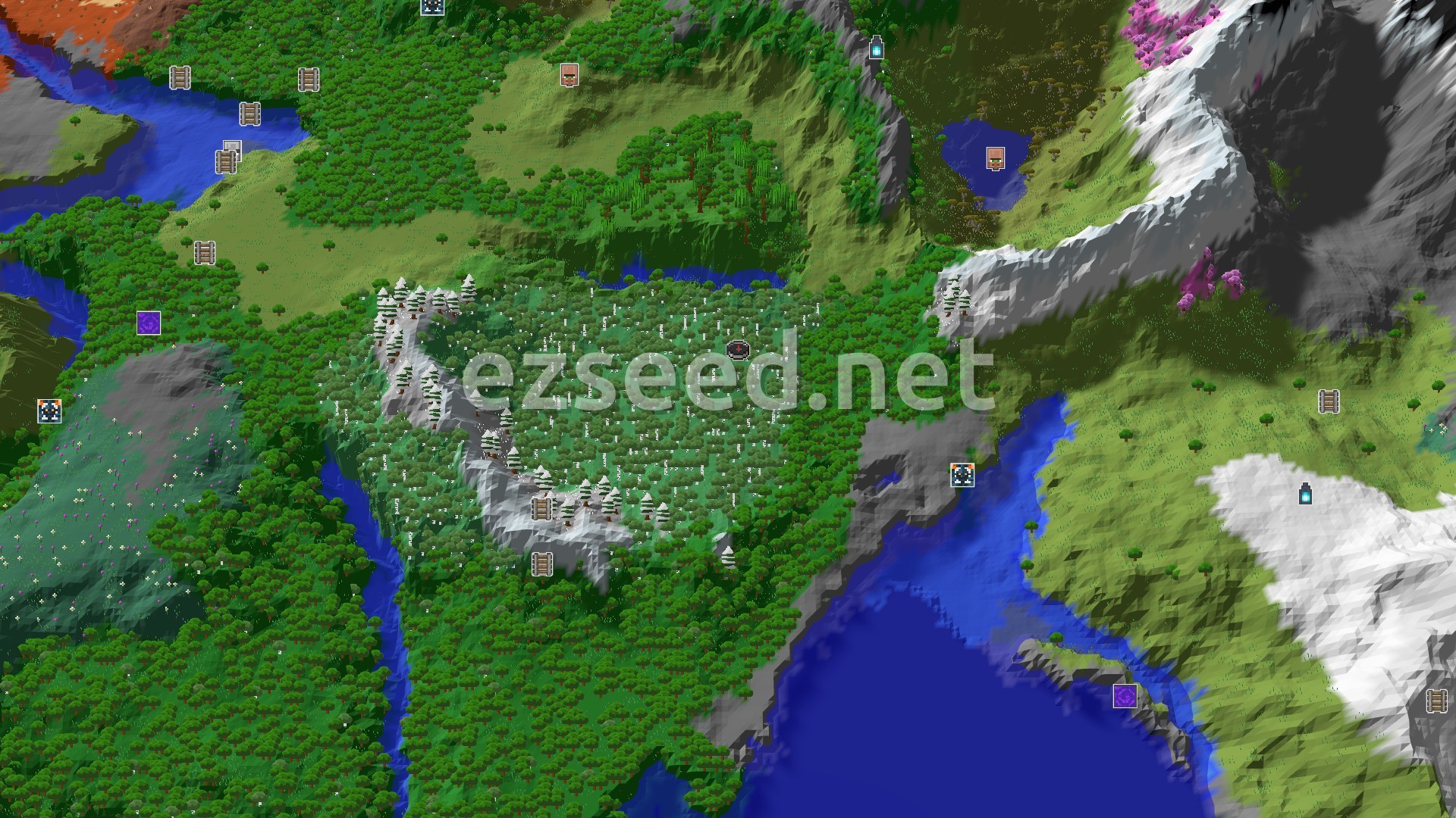 Aerial Minecraft seed map — A Mountainous Start With Nearby Jungle and Badlands