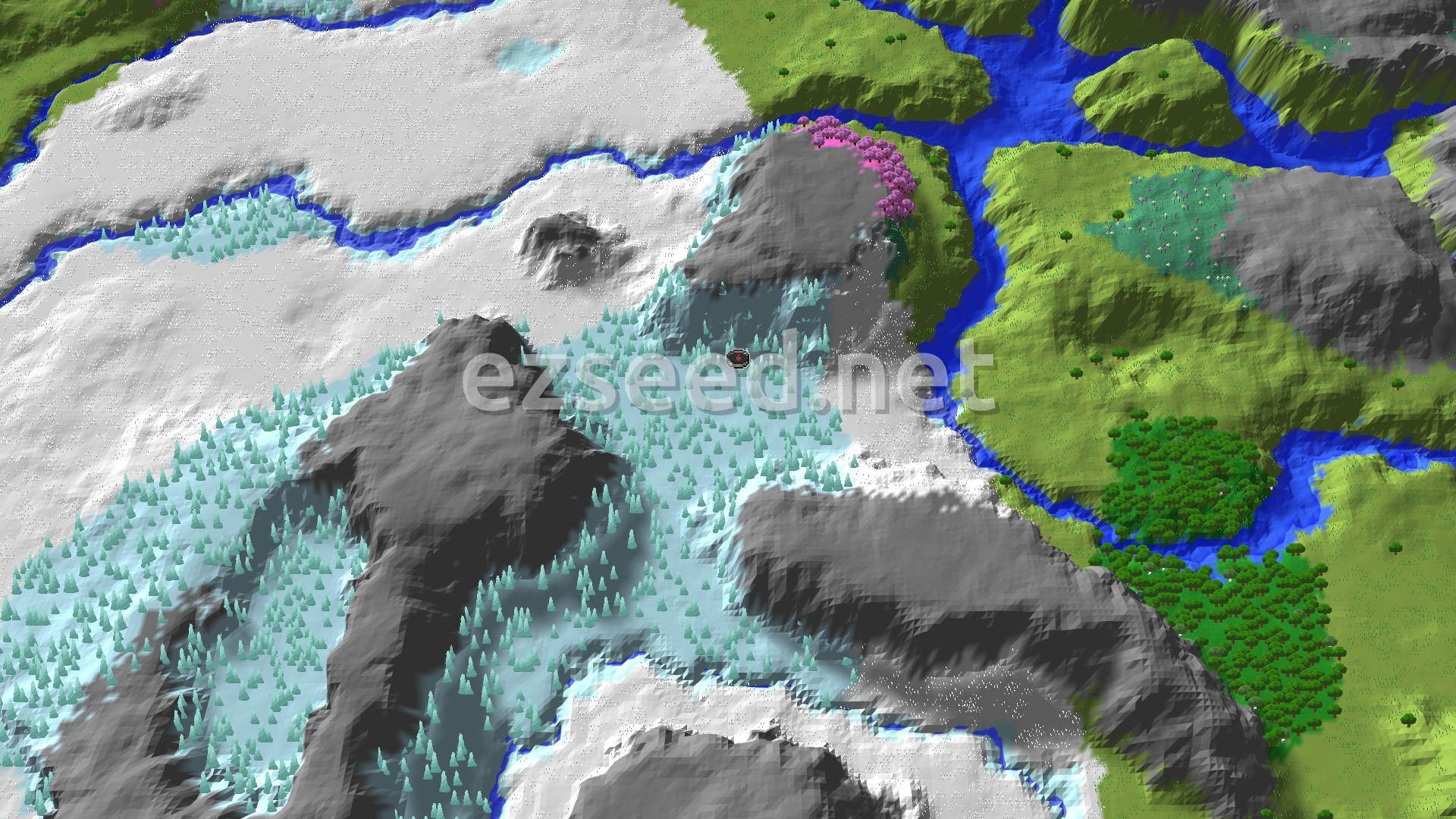 An overhead view of a snow-covered mountainous region, with a central area of light blue trees indicating Ice Spikes. To the right, green plains and a river are visible, with a patch of pink cherry trees on a mountain.