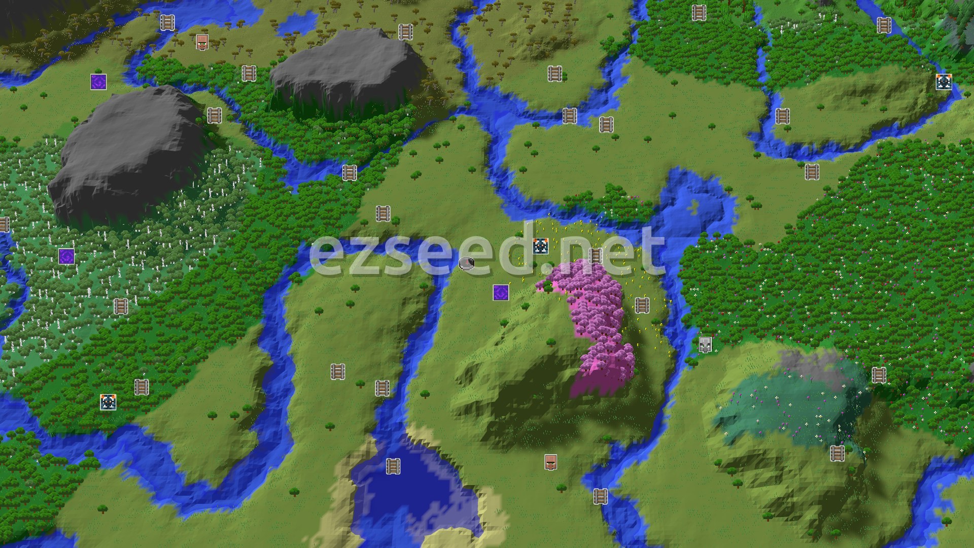 Aerial Minecraft seed map — Plains Spawn with Nearby Cherry Grove and Trials