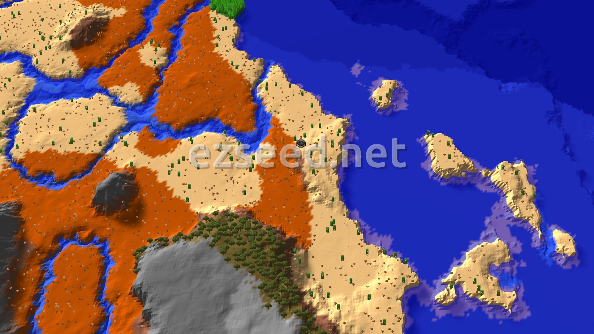 Aerial Minecraft seed map — Spawn in Desert, Badlands Near, Trial Chambers for Gear