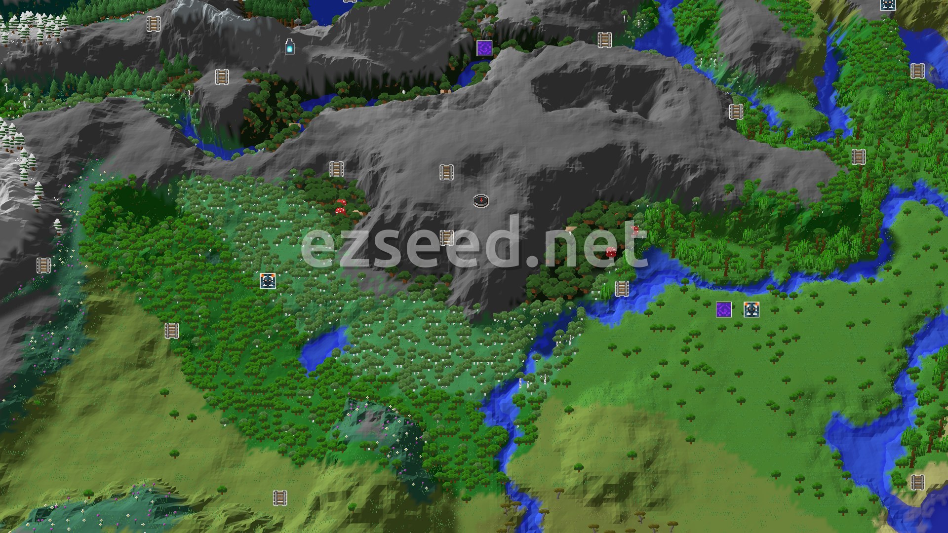 Aerial Minecraft seed map — A Dark Forest Start Near Jungles and Mountains