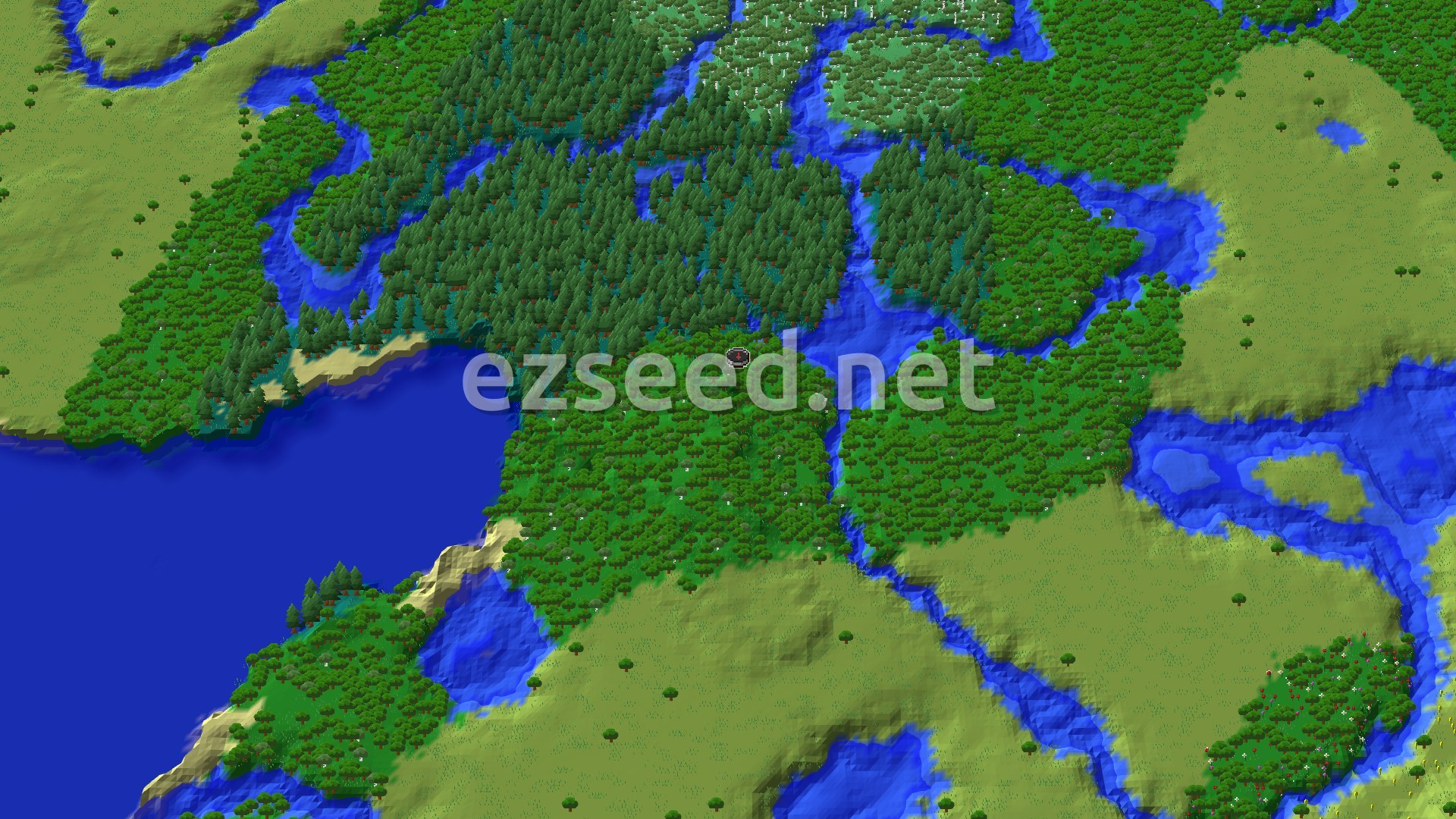 An overhead view of a diverse landscape featuring a large forest, winding rivers, a prominent lake, and scattered plains, with a small marker indicating the spawn point in the forest.