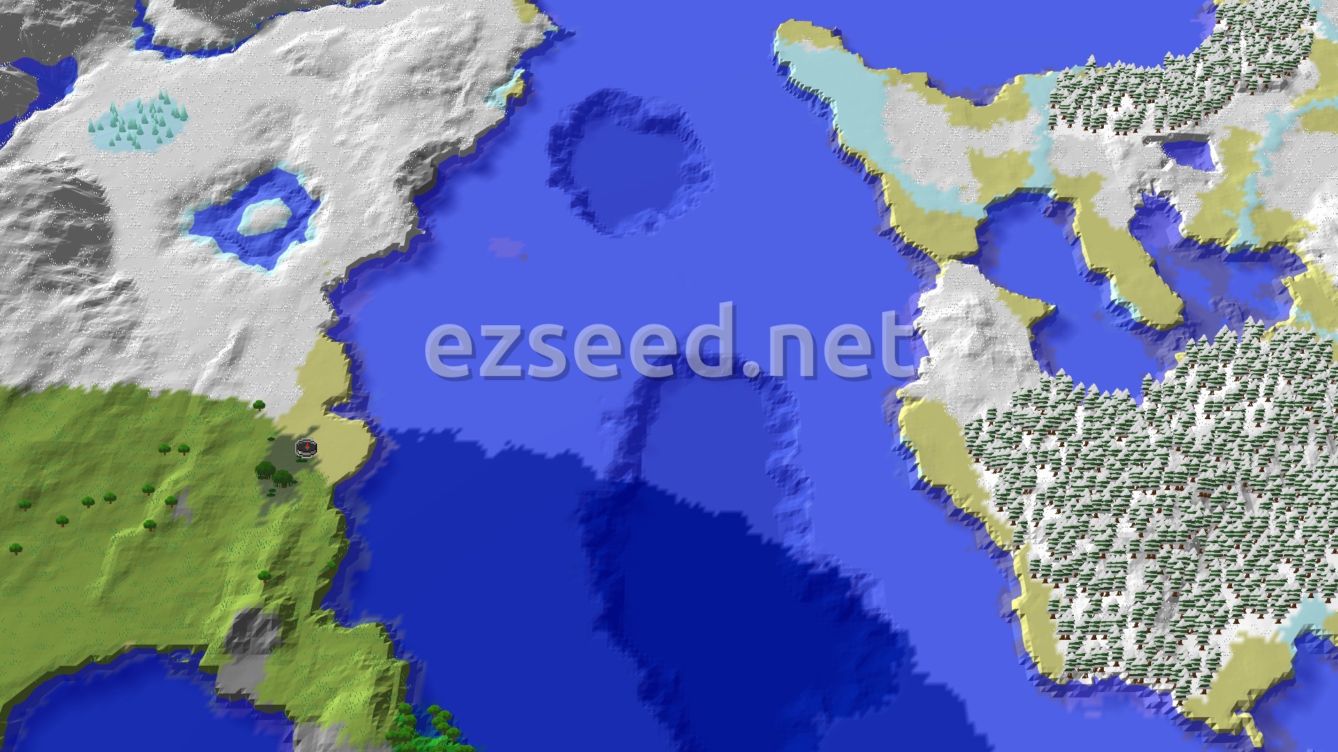 Aerial Minecraft seed map — Swamp Spawn with Nearby Frozen Oceans and Trial Chambers