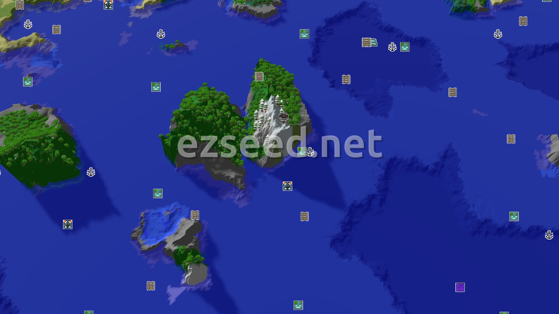 Aerial Minecraft seed map — Spawn in Icy Peaks with Nearby Trial Chambers and Ocean Loot