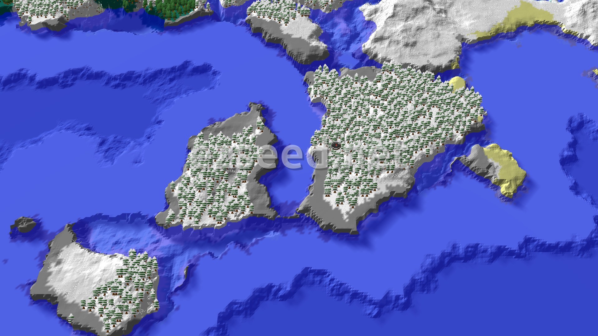 Aerial Minecraft seed map — Frozen Islands and Nearby Trial Chambers