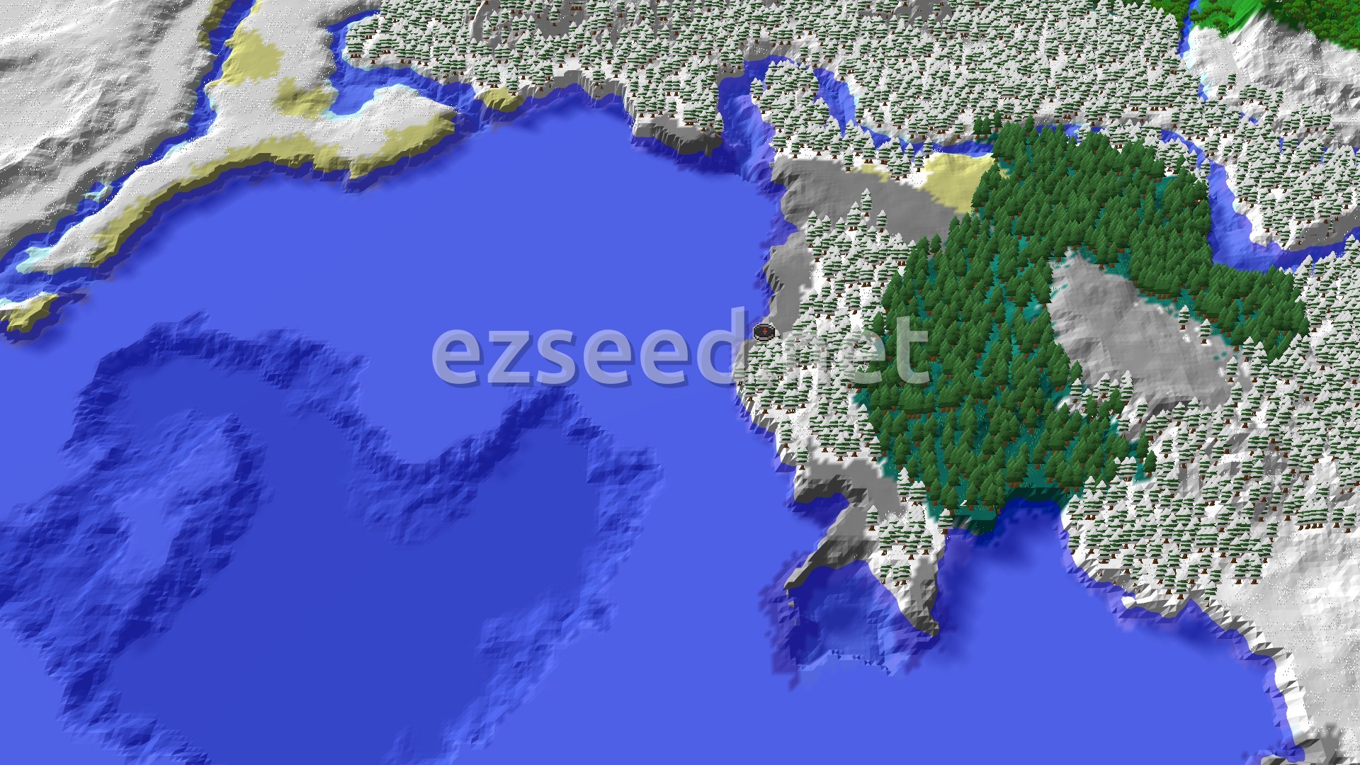 Aerial Minecraft seed map — Frozen Ocean and Taiga with Close Underground Structures
