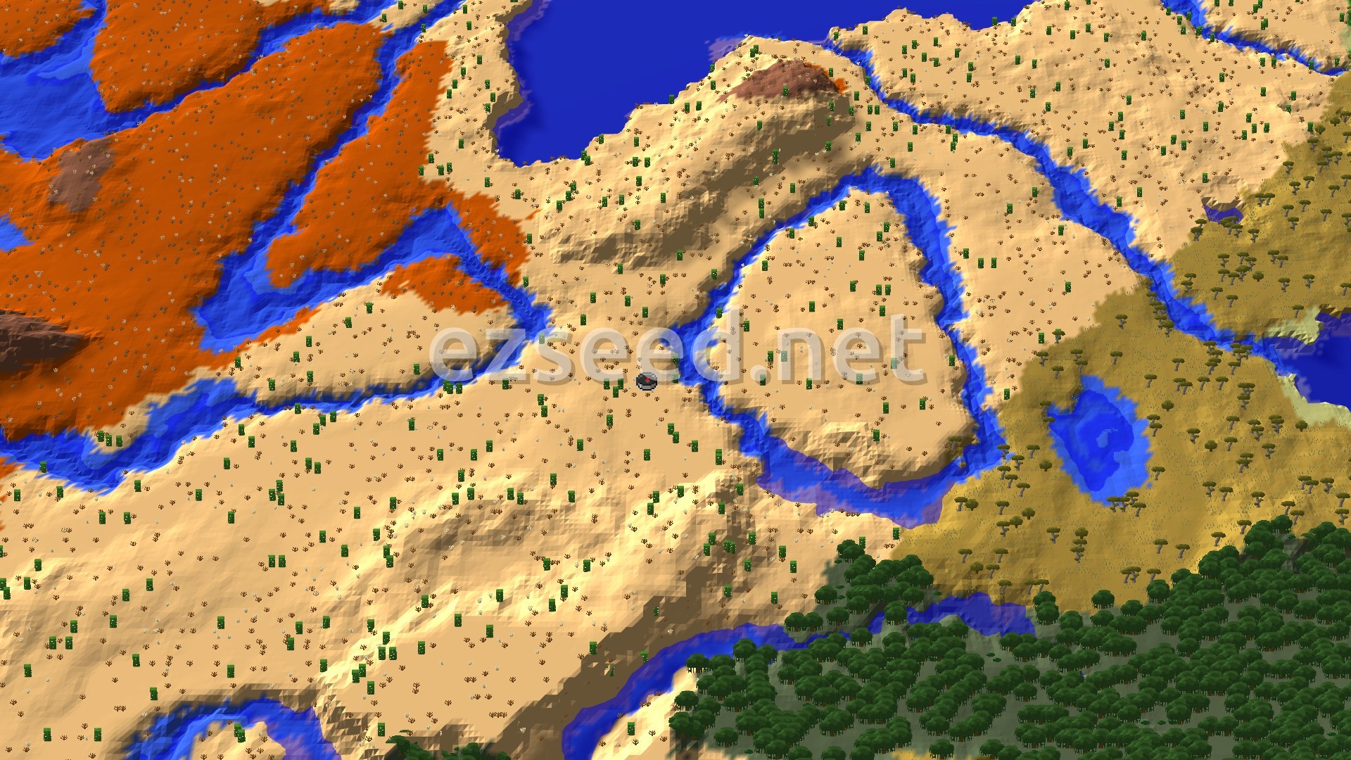 An aerial view shows a desert landscape crisscrossed by rivers, with patches of badlands and savanna, and a forest in the lower right.