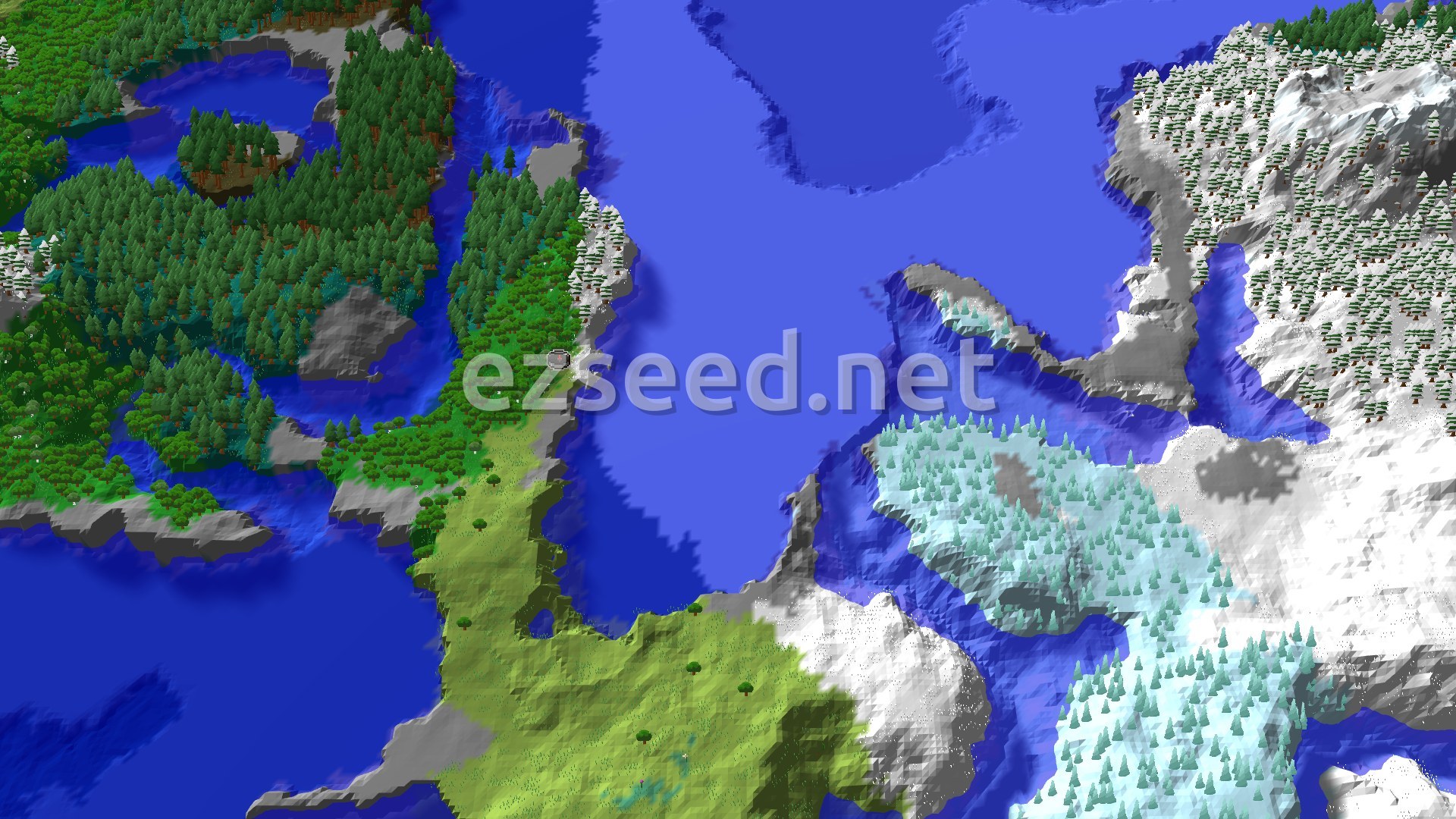 An aerial view of a Minecraft world showing a mix of green plains, dense forests, deep blue oceans, and snow-capped mountains.