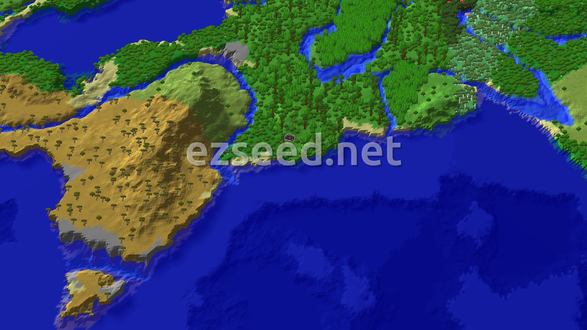 A 3D overhead view of a diverse landscape featuring dense green jungles, light green forests, and large bodies of blue ocean. A small spawn marker is visible in the jungle, near a river.