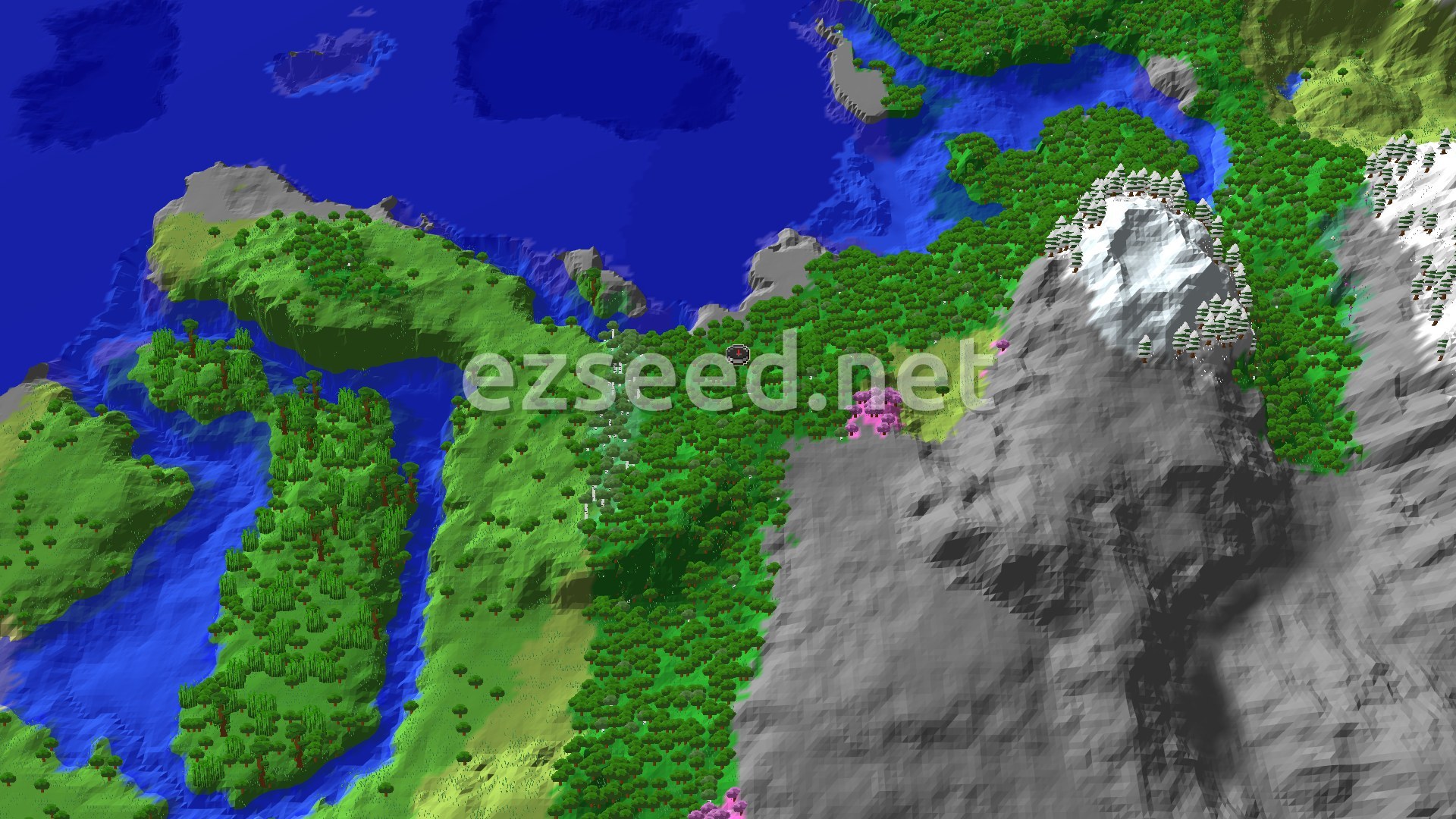 Aerial Minecraft seed map — Ancient City Near Spawn with Nearby Snowy Peaks