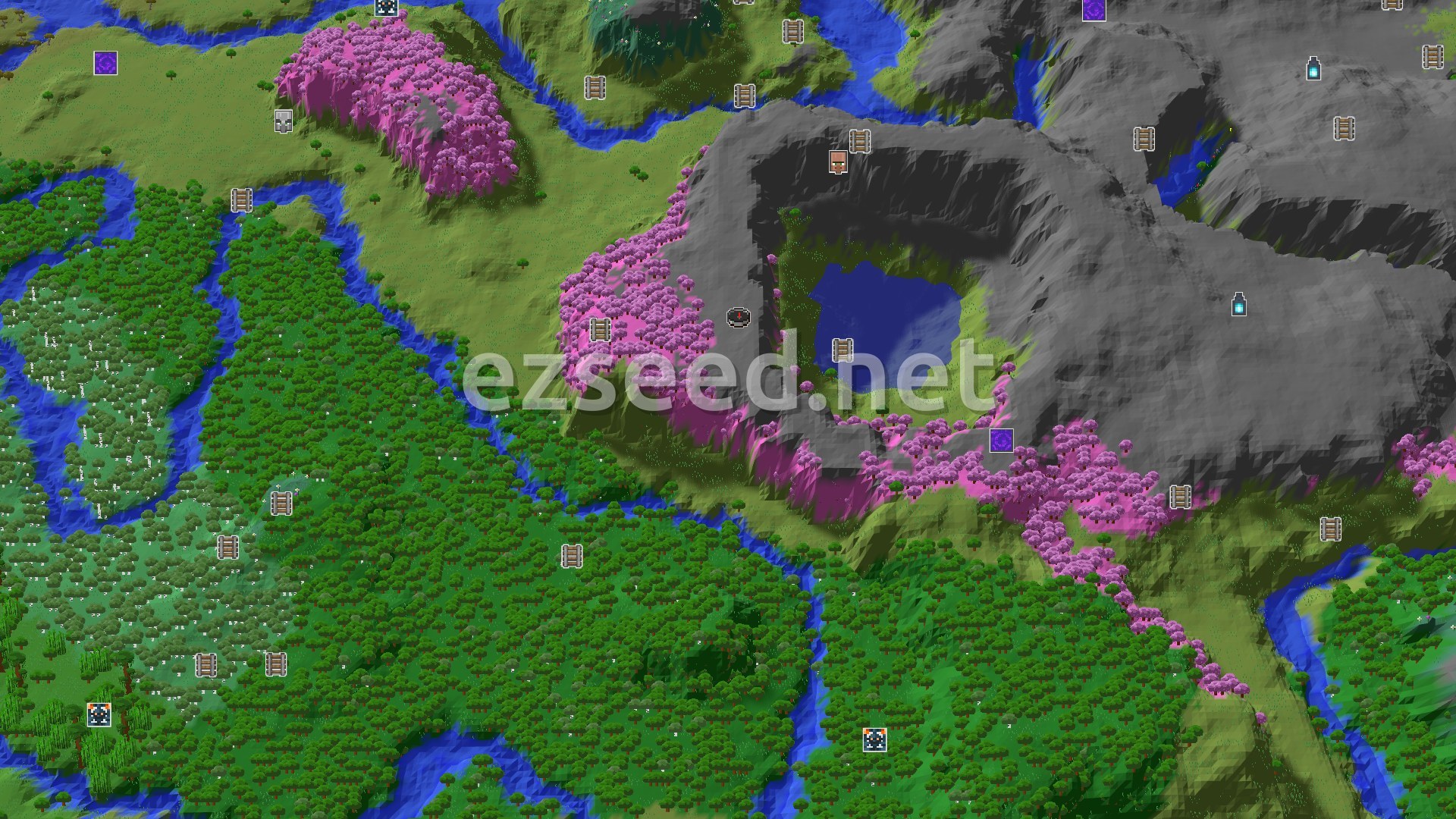 Aerial Minecraft seed map — Cherry Grove Spawn and an Ancient City Nearby