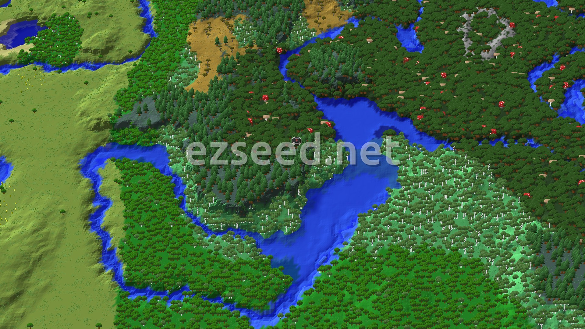 Aerial Minecraft seed map — Woodland Mansion and Trial Chambers Near Spawn