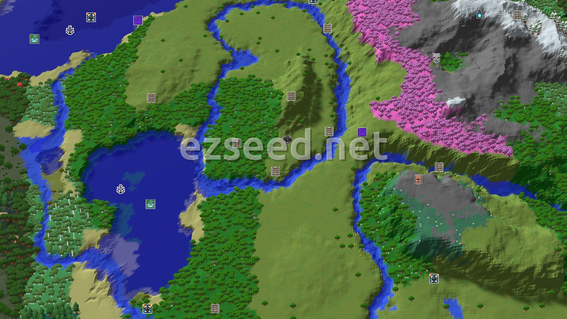 Aerial Minecraft seed map — A Lush Plains Spawn with Nearby Cherry Groves and Peaks