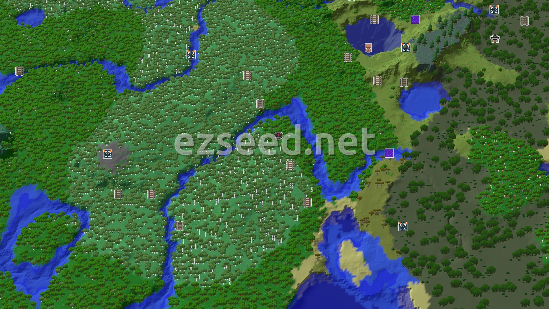Aerial Minecraft seed map — A Lush Forest Start with Close Underground Riches