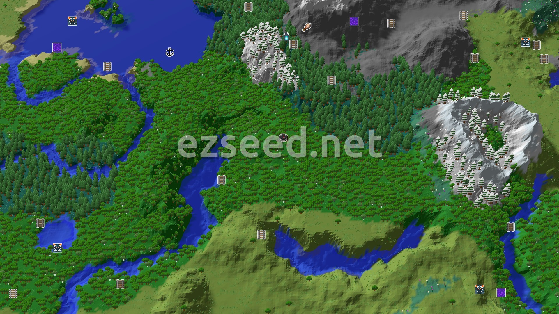 Aerial Minecraft seed map — Forest Spawn with Nearby Peaks and Ancient City Potential