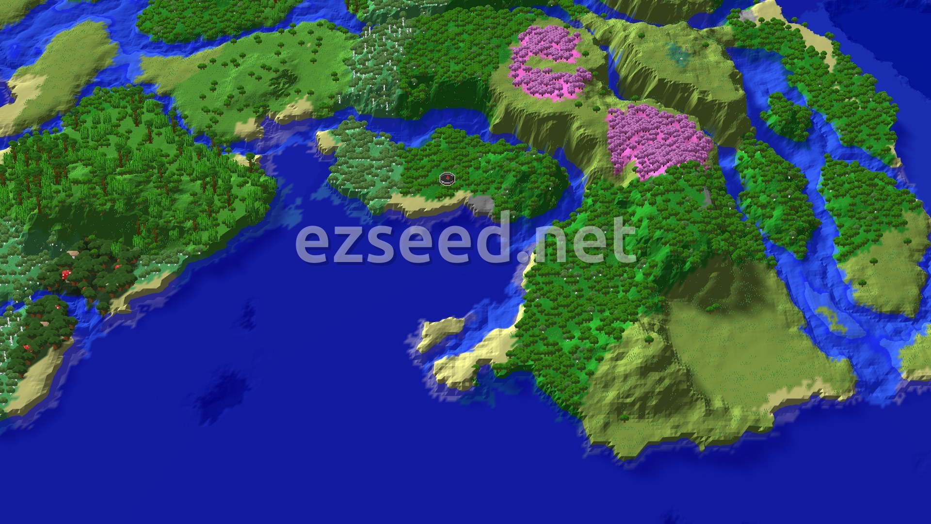 Aerial Minecraft seed map — Cherry Grove Hills and Coastal Forests