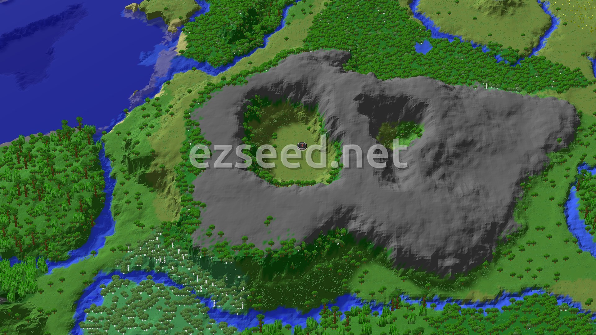 An aerial view of a mostly flat plains biome at spawn, surrounded by forests and distant hills, with a winding river.