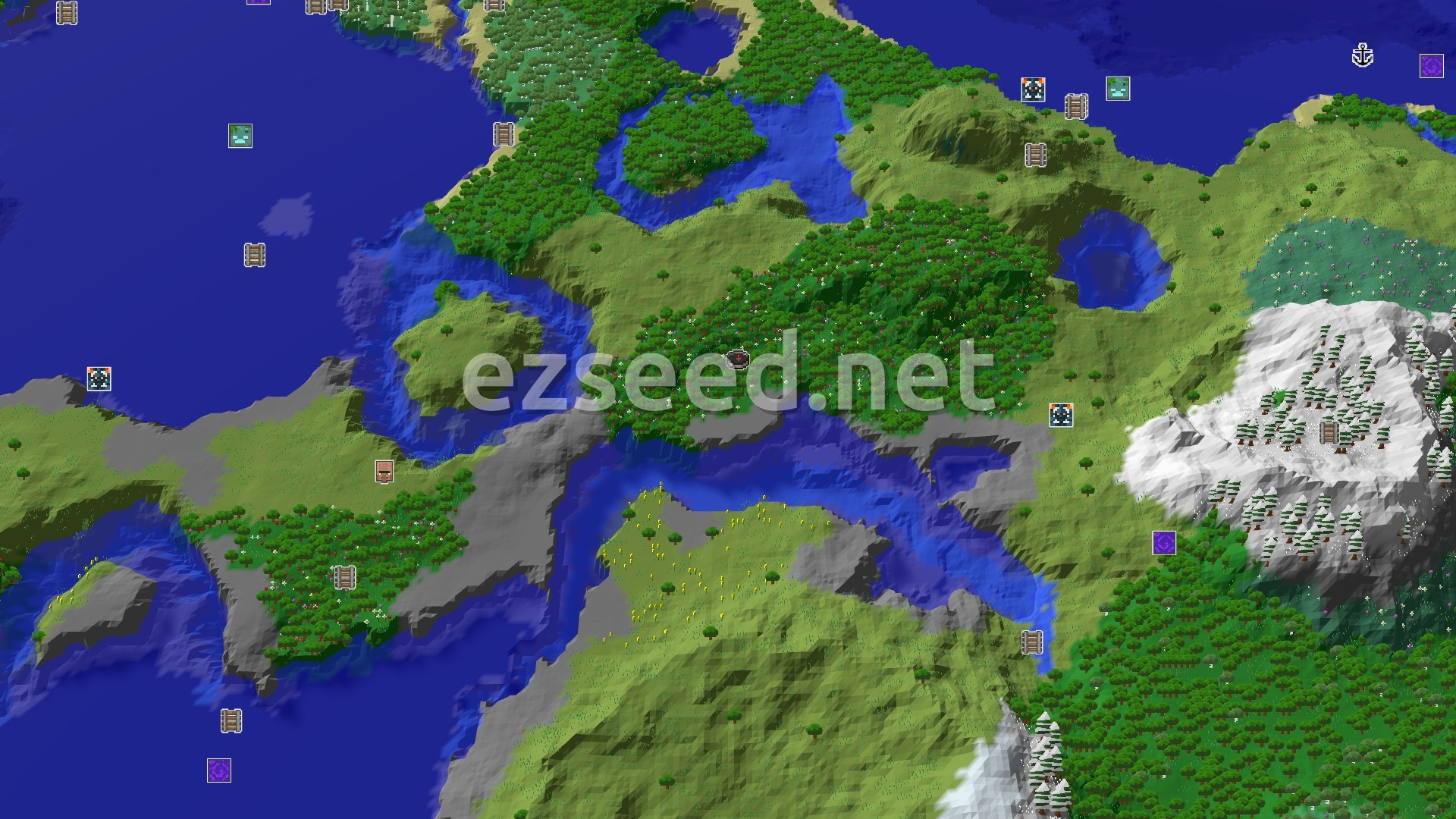 Aerial Minecraft seed map — A Flower Forest Spawn with Nearby Snowy Peaks