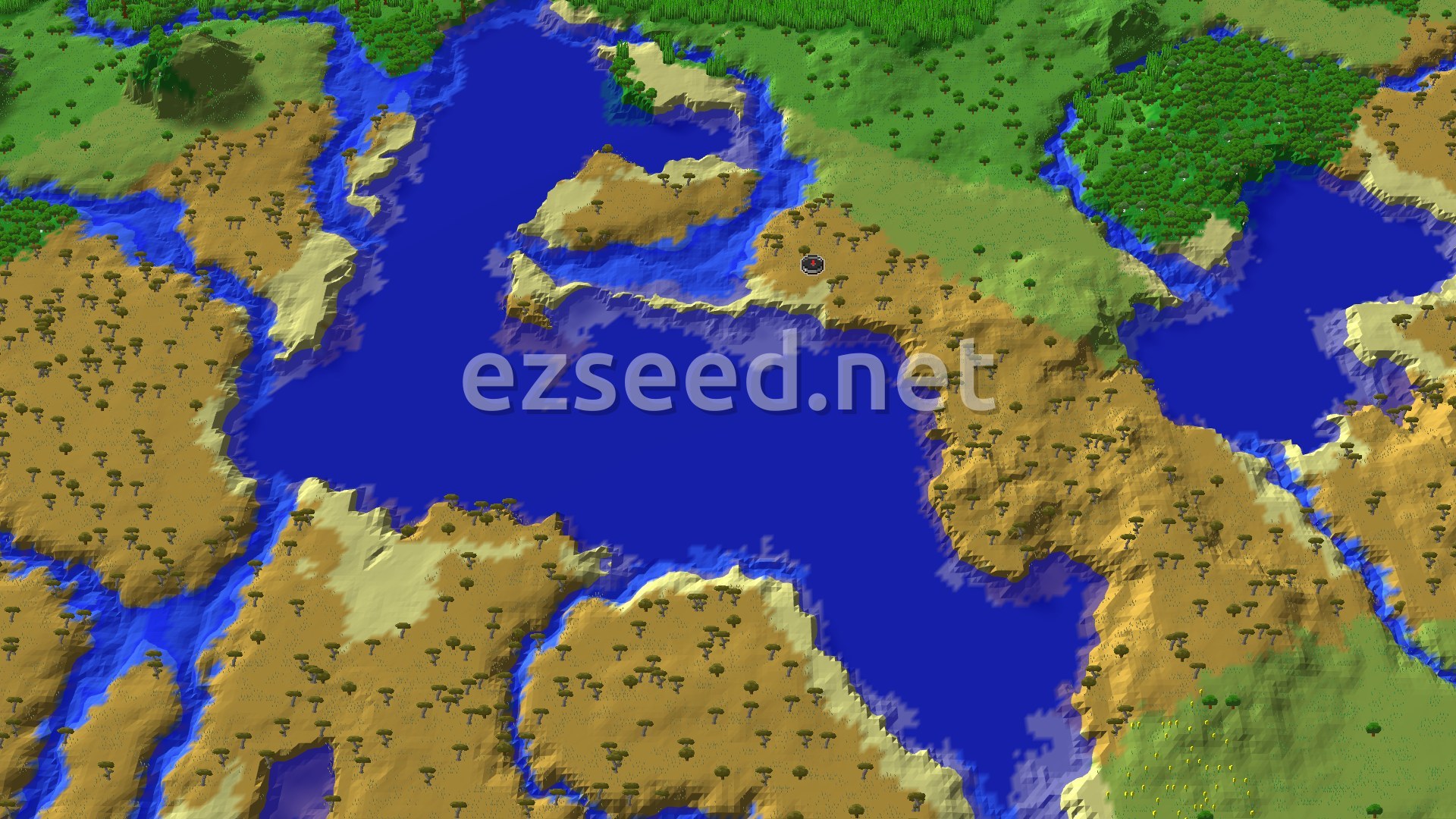A bird's-eye view of a savanna biome with scattered acacia trees, bordered by a large blue ocean and greener biomes to the north and east.