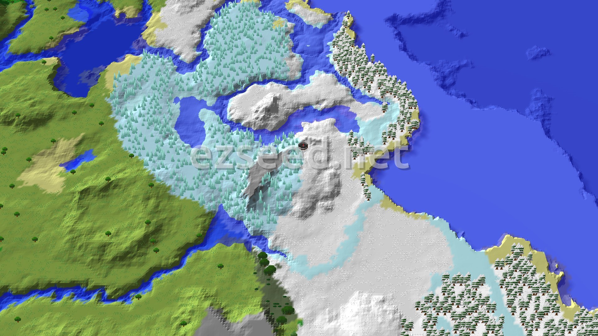 Aerial Minecraft seed map — Ice Spikes Near Spawn with a Close Village and Trial Chambers
