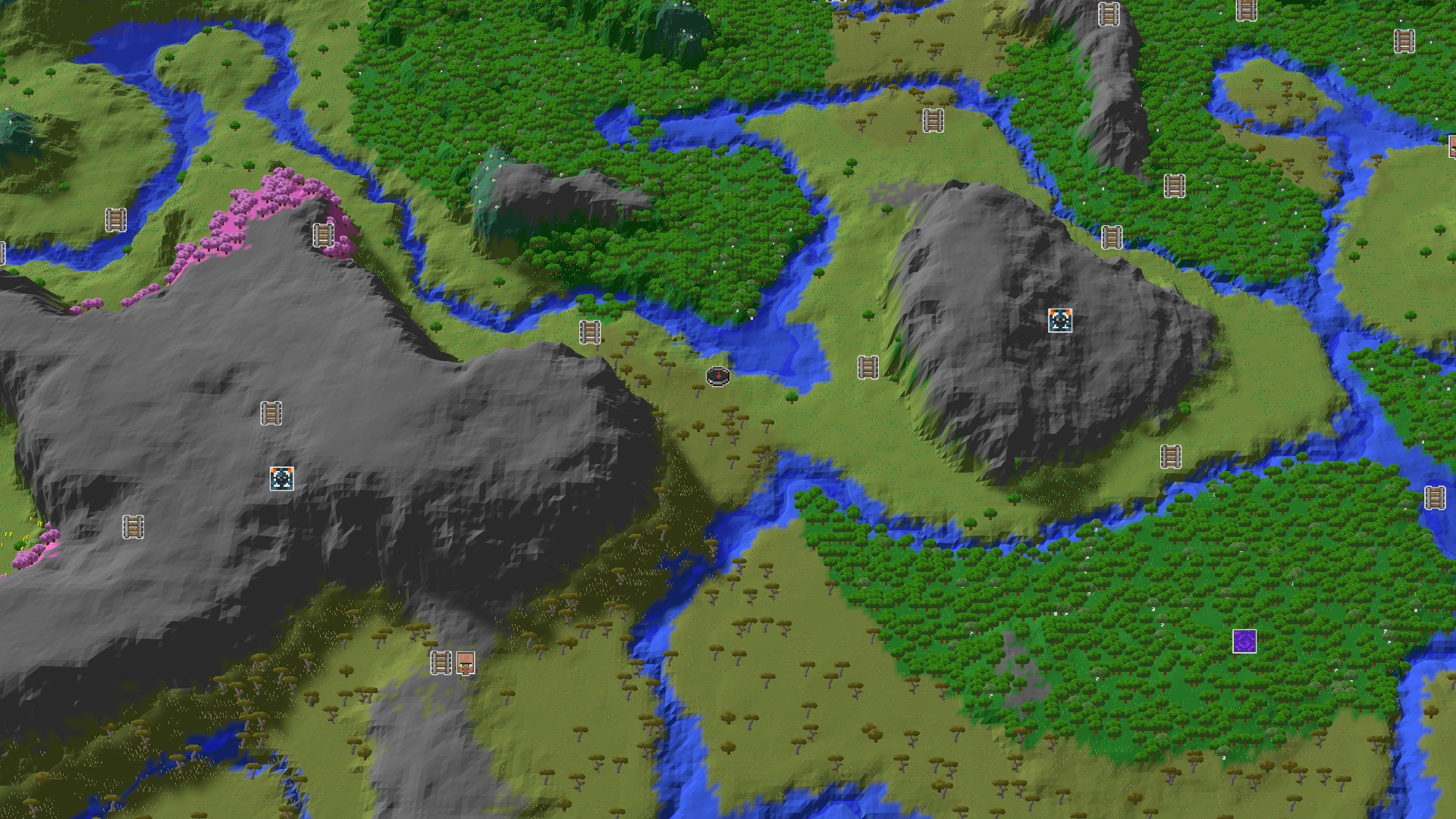 Aerial Minecraft seed map — Savanna Hills, Close Cherry Grove, and a Nearby Village
