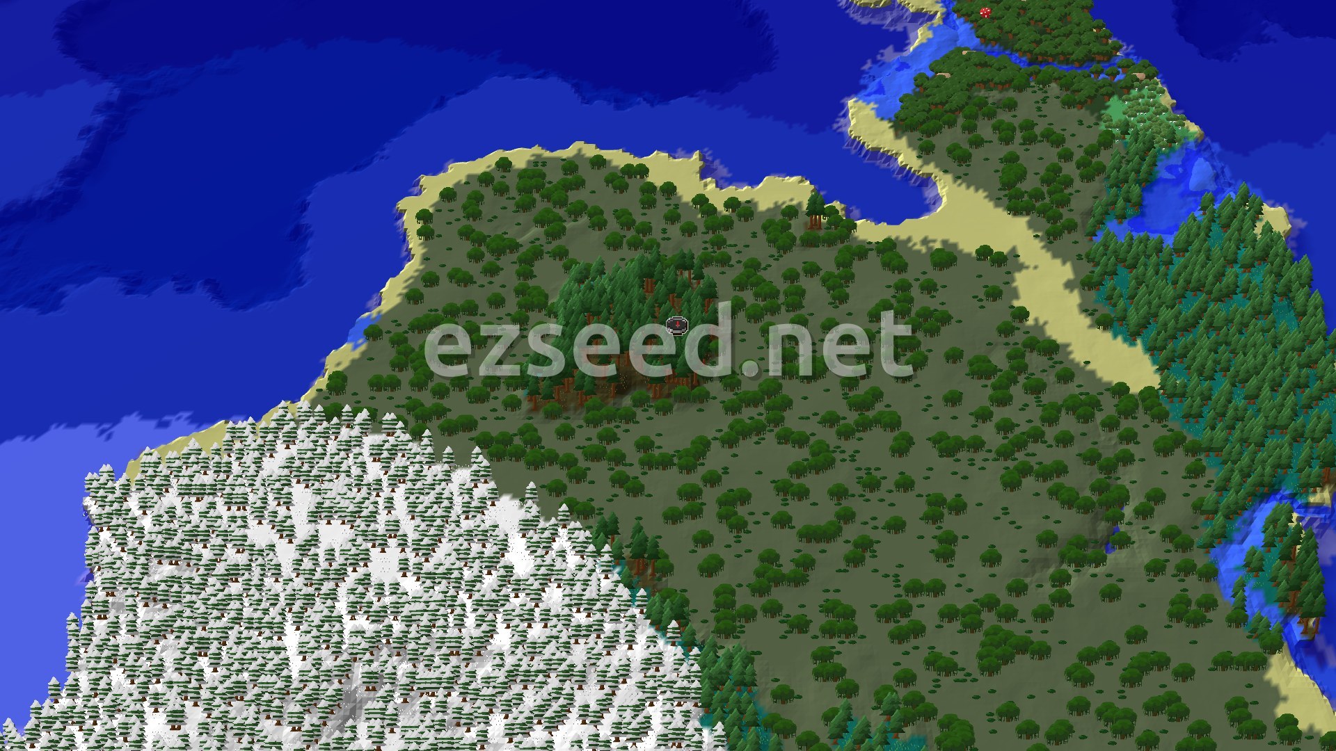 An aerial view of a mostly flat, green landscape with dense forests, a snowy biome to the south, and a large body of water to the north.