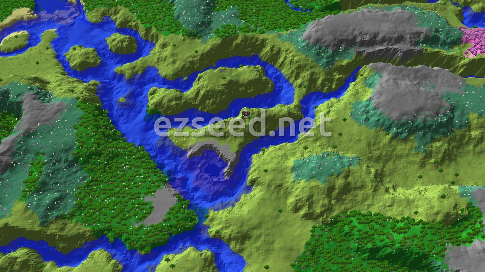 An aerial view of varied terrain with a winding blue river, green plains, forests, and gray stony shores, with a small spawn marker in the center.