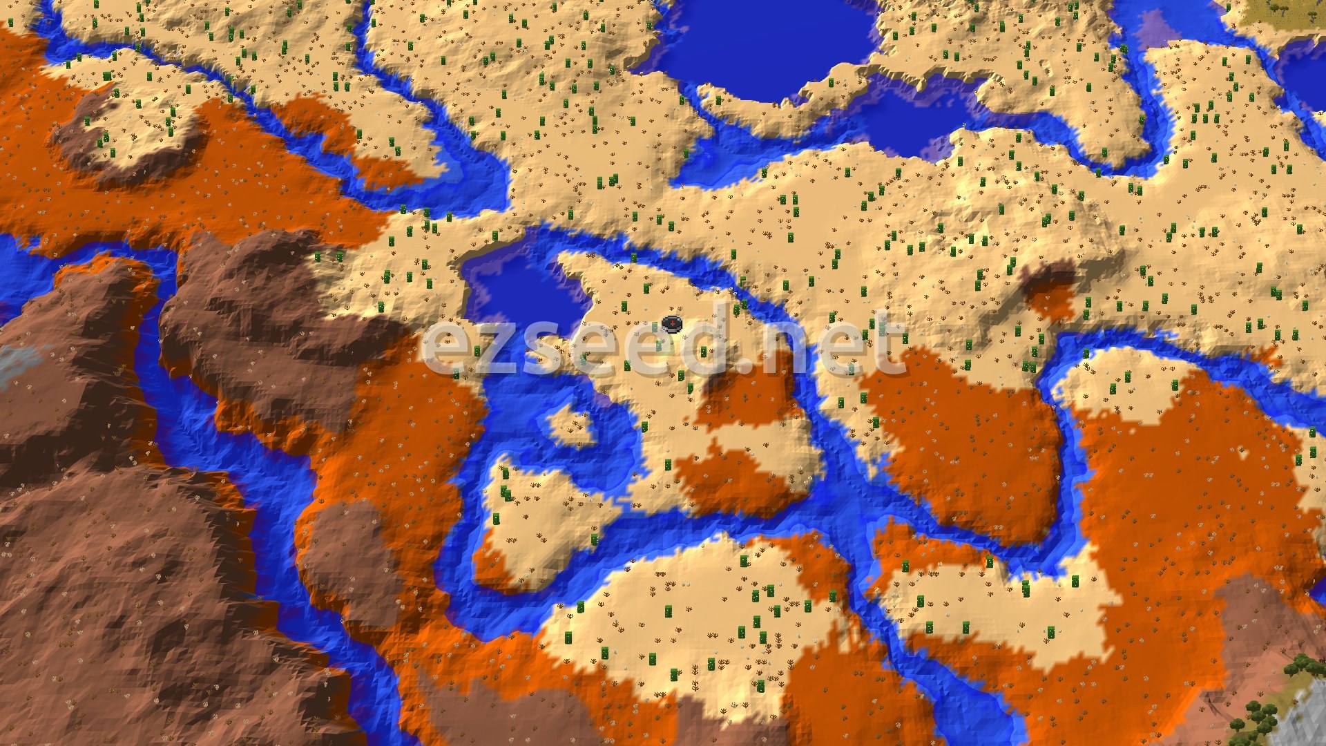 An aerial view showing a vast desert landscape with numerous cacti, segmented by winding rivers, and bordered by prominent orange-brown badlands formations to the south and west. A small spawn marker is visible near the center of the desert.