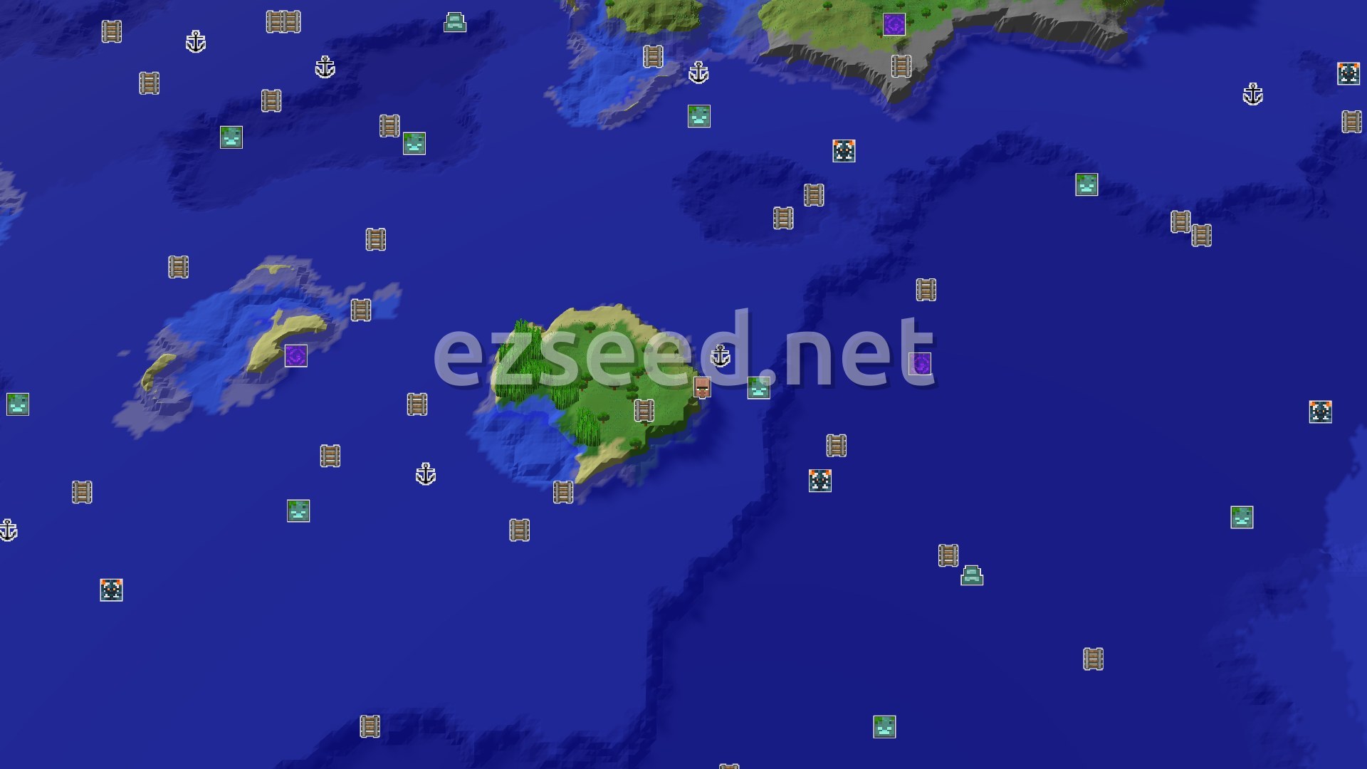 Aerial Minecraft seed map — Jungle Island Spawn with Quick Ocean Ruin Access