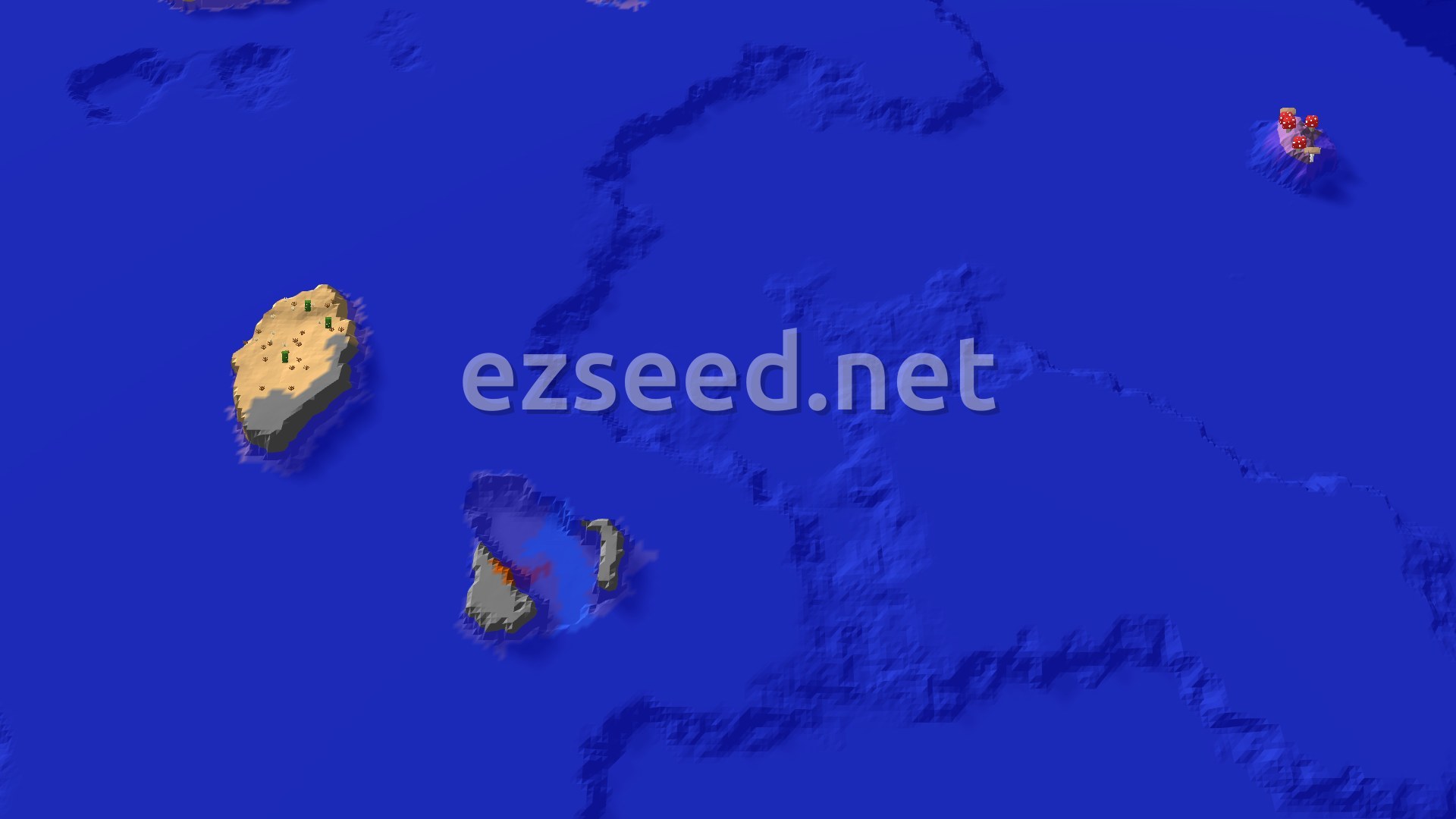 Aerial Minecraft seed map — Spawn in a Desert Island, Village and Badlands Nearby