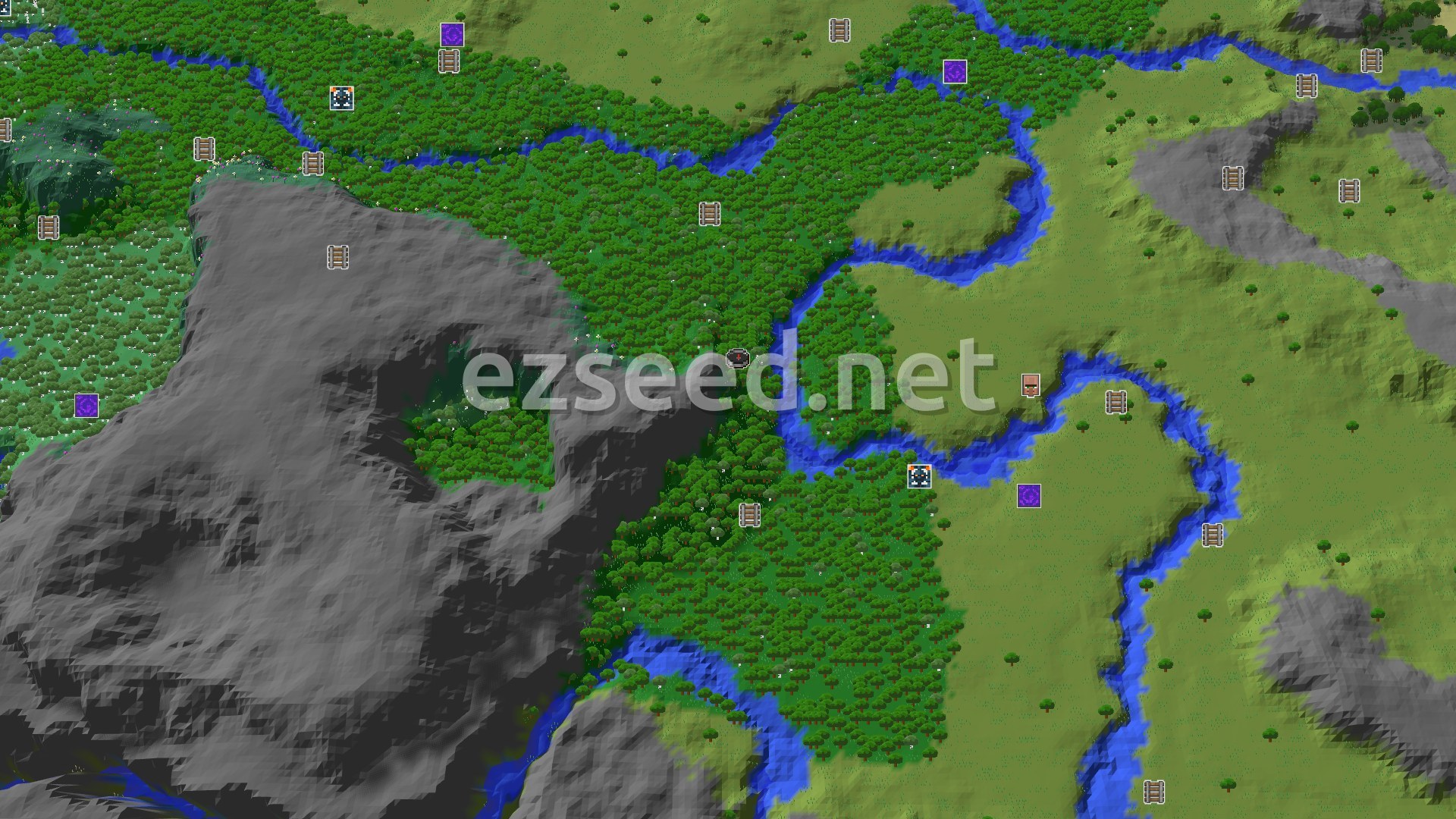 Aerial Minecraft seed map — Forest Spawn with Nearby Village and Trial Chambers