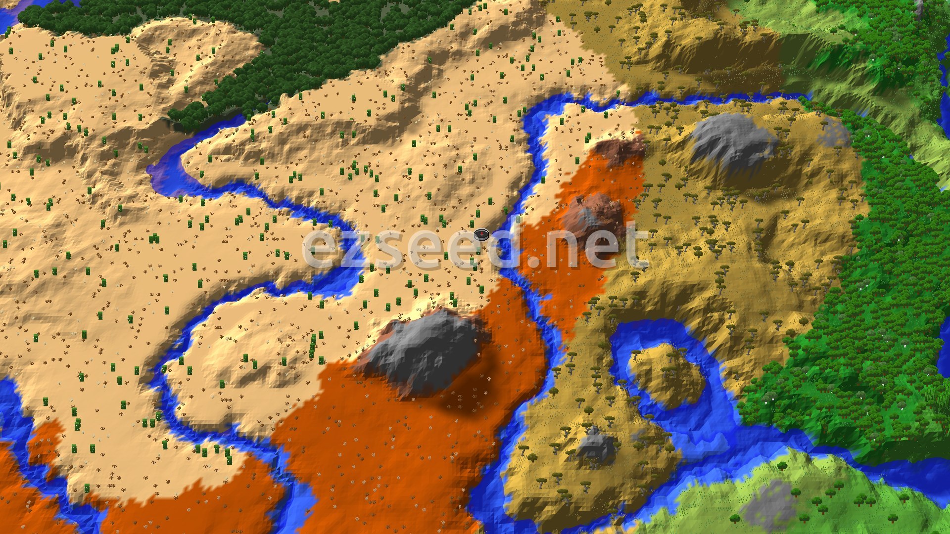 An aerial view of a desert landscape with rivers, patches of badlands, and a forest in the distance, with a small spawn marker in the center.