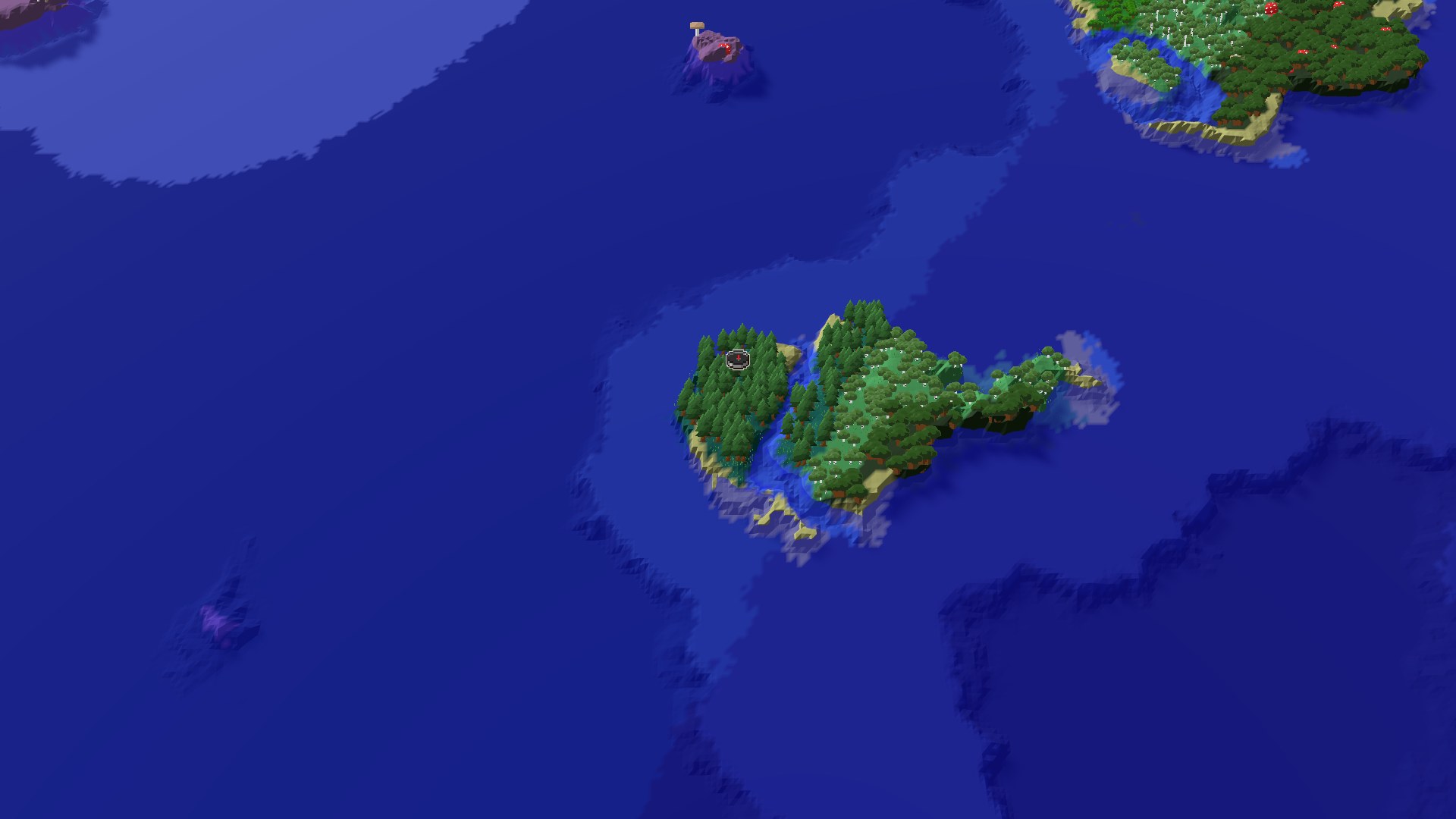 Aerial Minecraft seed map — Taiga Island with Nearby Village and Woodland Mansion