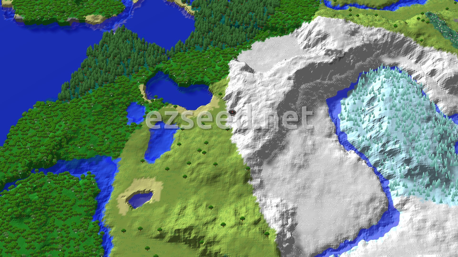 Aerial Minecraft seed map — Snowy Plains Spawn with Nearby Ice Spikes and Village