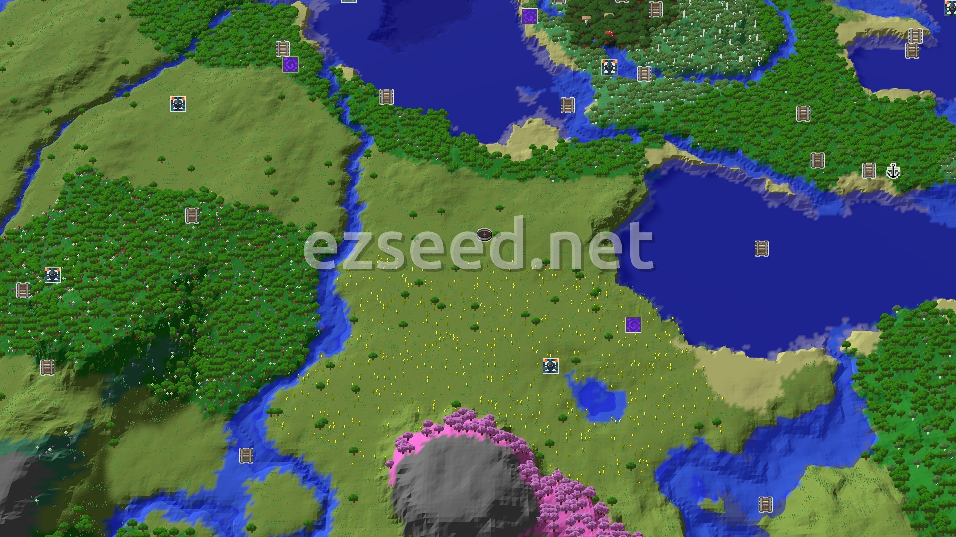 Aerial Minecraft seed map — A Modest Start with a Cherry Grove and Trial Chambers Nearby