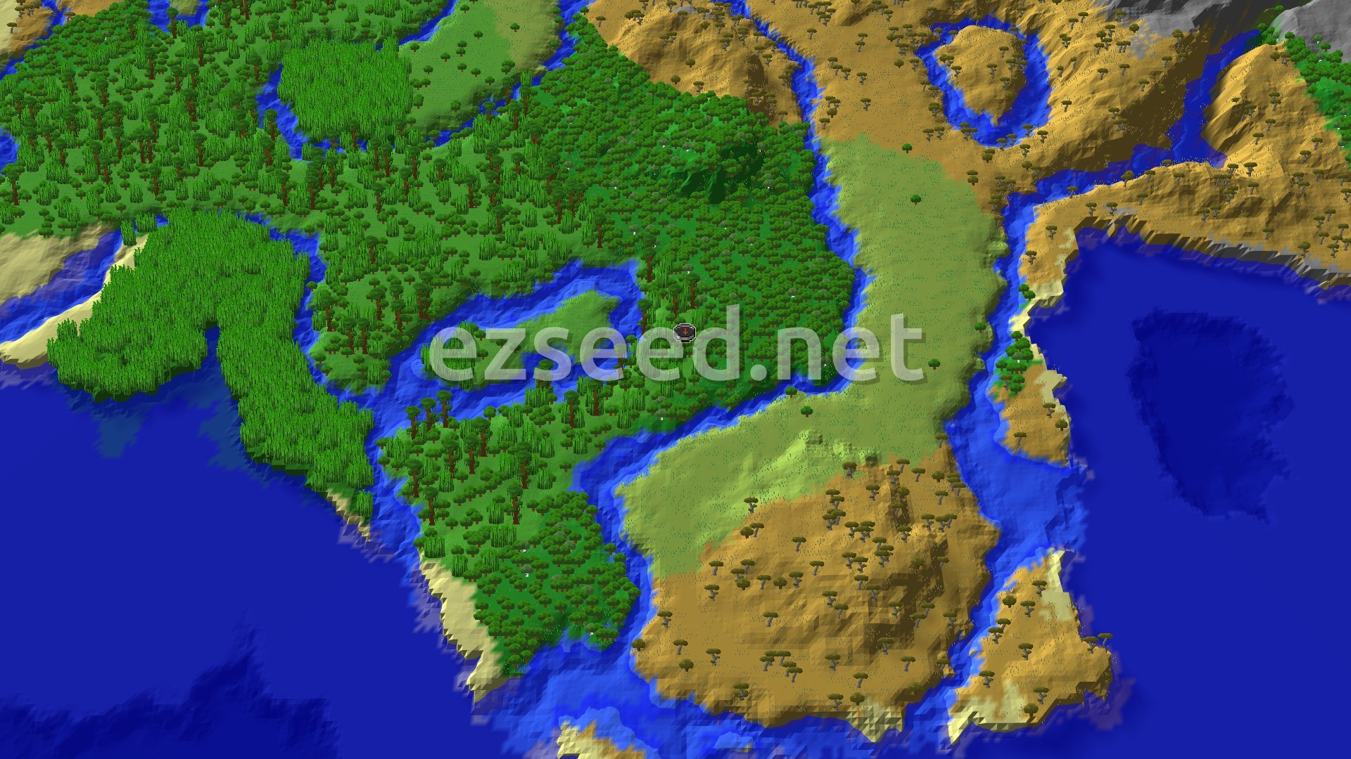 Aerial Minecraft seed map — Jungle Spawn with Nearby Trial Chambers and a Savanna Village