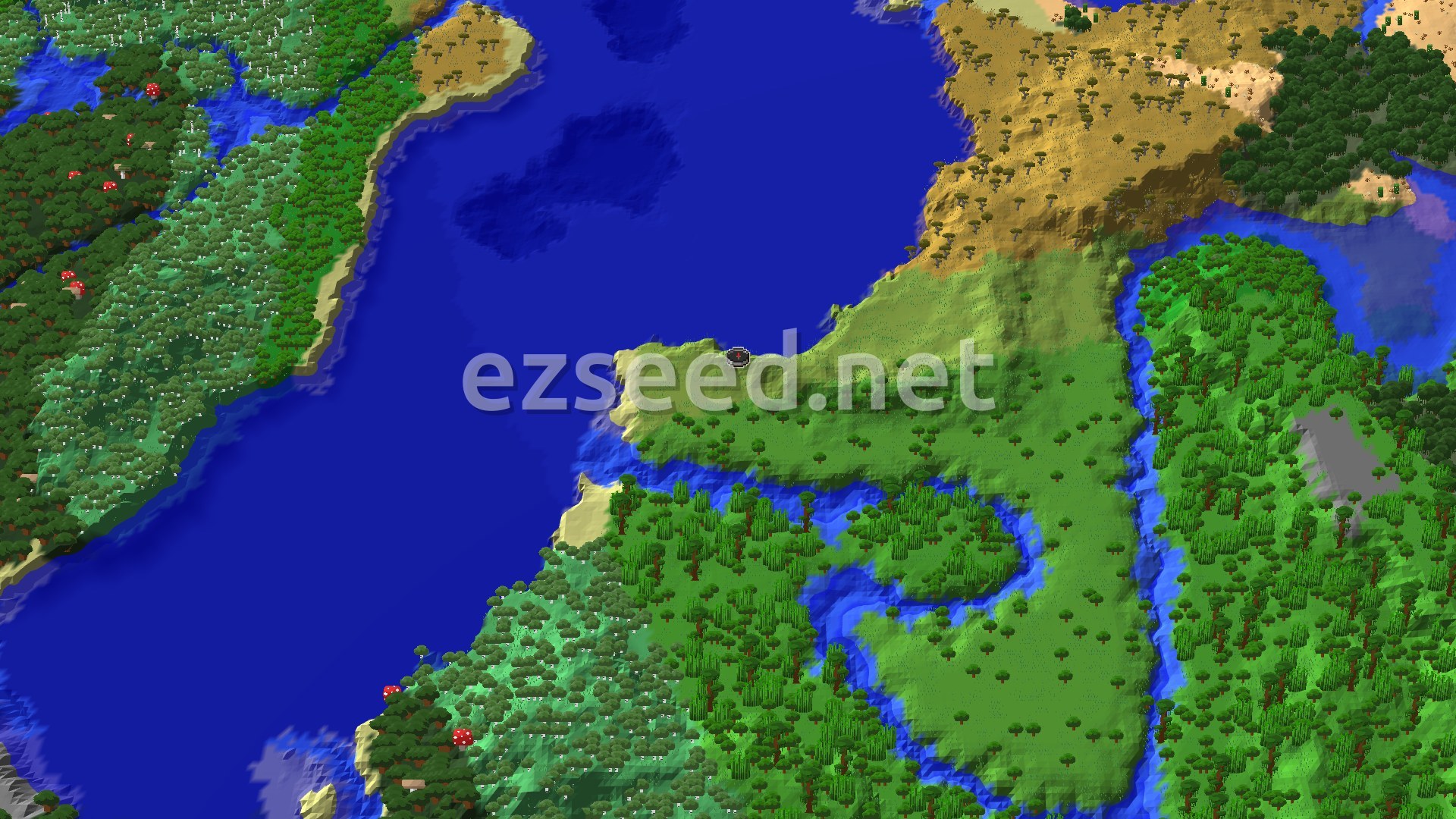 Aerial Minecraft seed map — Jungle and Ocean Gateway with a Nearby Trial Chamber