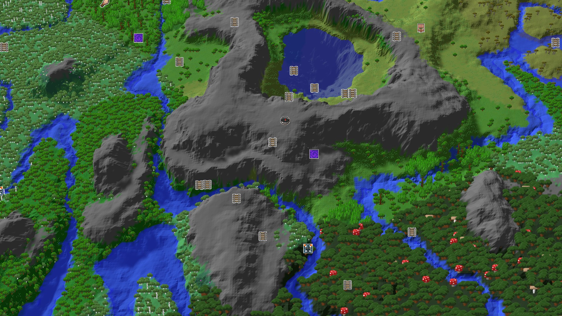 A 3D overhead view of a diverse landscape with dense green forests, winding blue rivers, and several patches of gray mountainous terrain, with a small marker indicating the spawn point in a forested area.