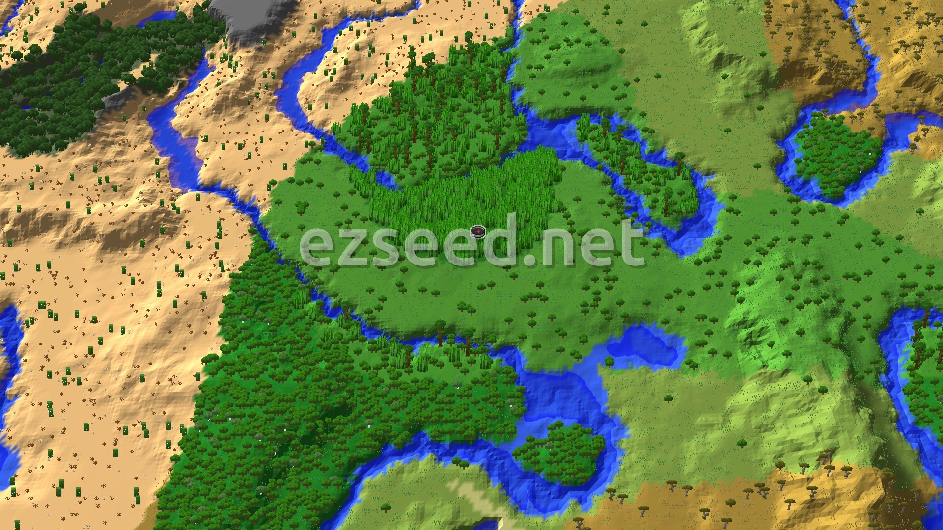 Aerial Minecraft seed map — Bamboo Jungle Spawn Near Desert and Badlands