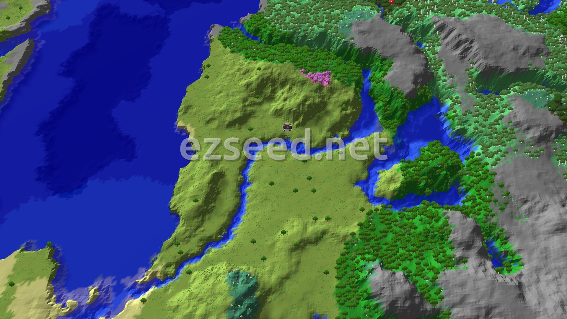 Aerial Minecraft seed map — Ancient City and Cherry Grove Near Plains Spawn