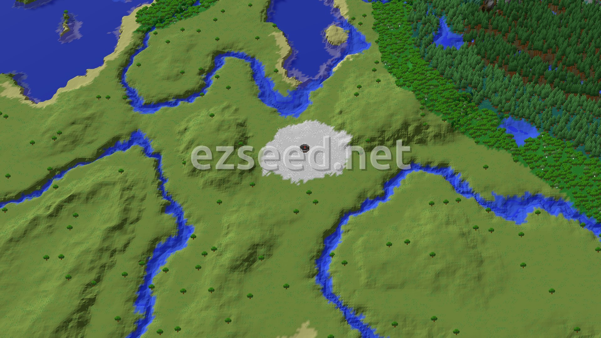 A snowy plains landscape at spawn, with scattered spruce trees and a river in the distance under a bright sky.