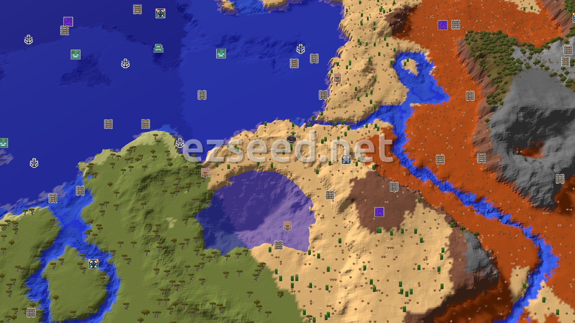 Aerial Minecraft seed map — Desert Spawn with Nearby Trial Chambers and Badlands