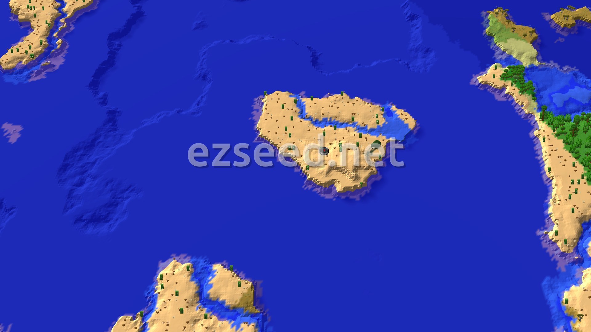 Aerial Minecraft seed map — Island Desert Spawn with Nearby Trial Chambers