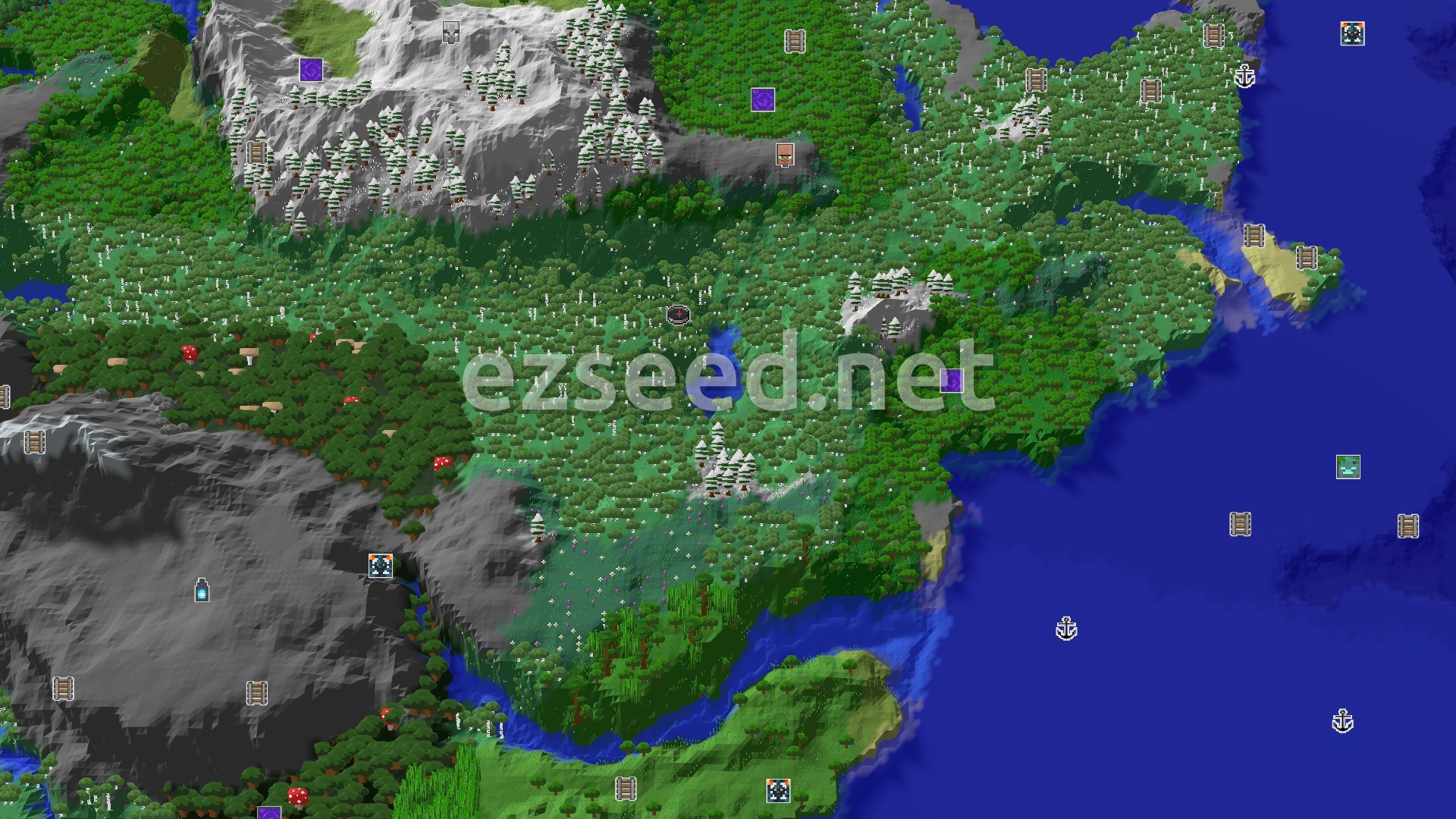 Aerial Minecraft seed map — Spawn Near Jagged Peaks and a Village in Birch Forests